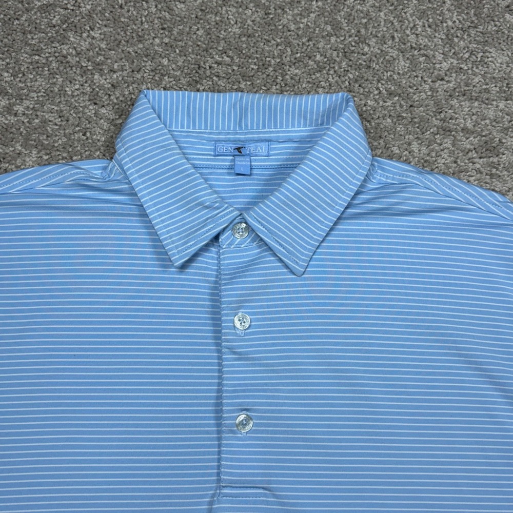 GenTeal Mens Large Light Blue White Striped Performance Golf Polo Shirt L